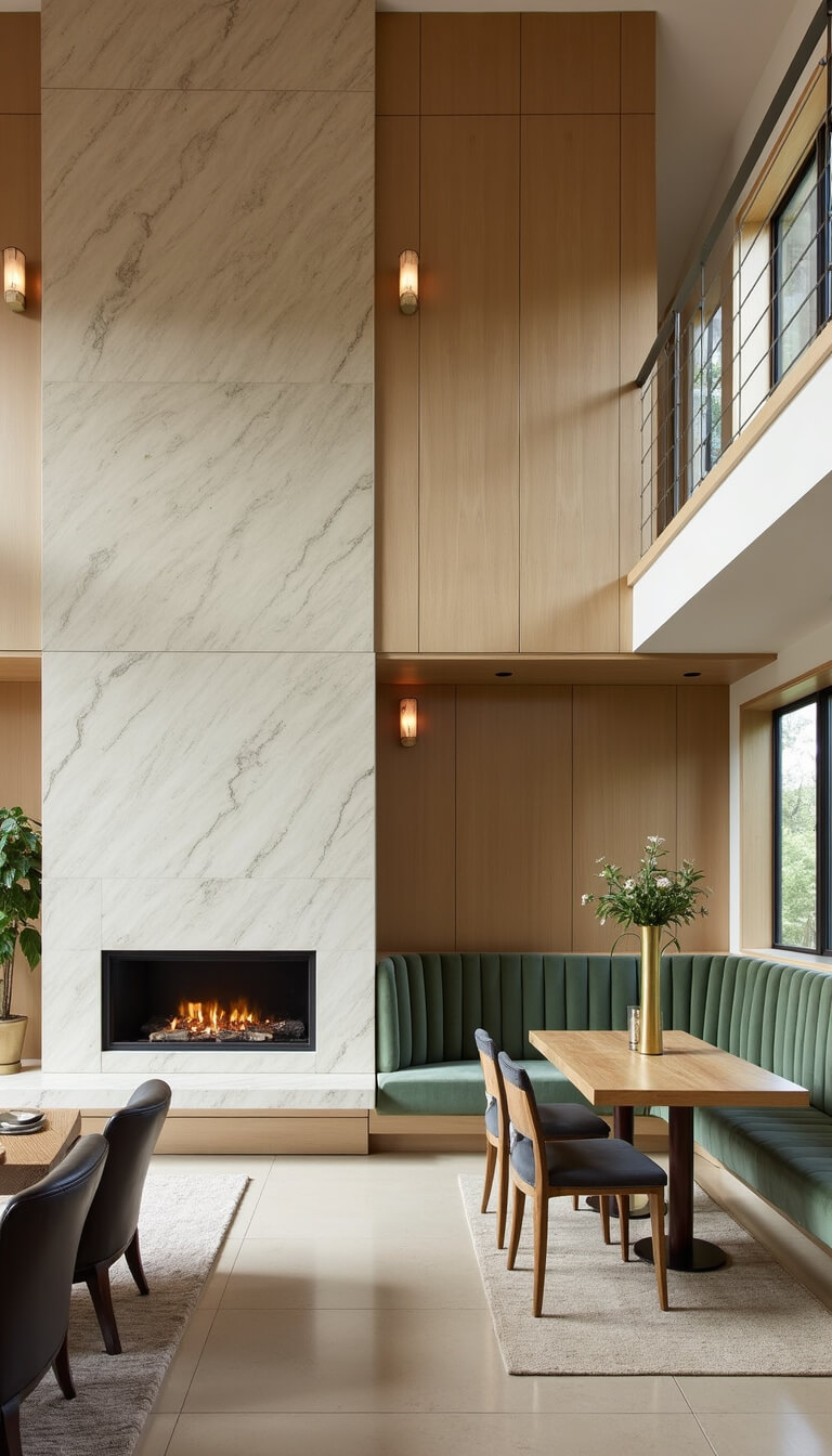 Two-story fireplace with white oak panels and honed marble in sunlit interior, featuring sage green velvet banquette in breakfast nook, brass lighting, and warm natural tones throughout dining and lounge areas.