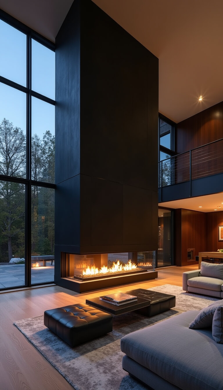 Modern great room at twilight featuring multi-sided glass fireplace, pearl gray sectional, LED uplighting, and black and brass accents.