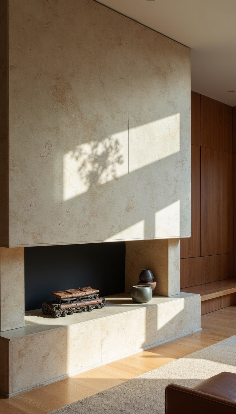 Close-up of two-story limestone fireplace with wood storage niches, lit by morning light highlighting texture, with minimal natural furnishings and ceramic decor.