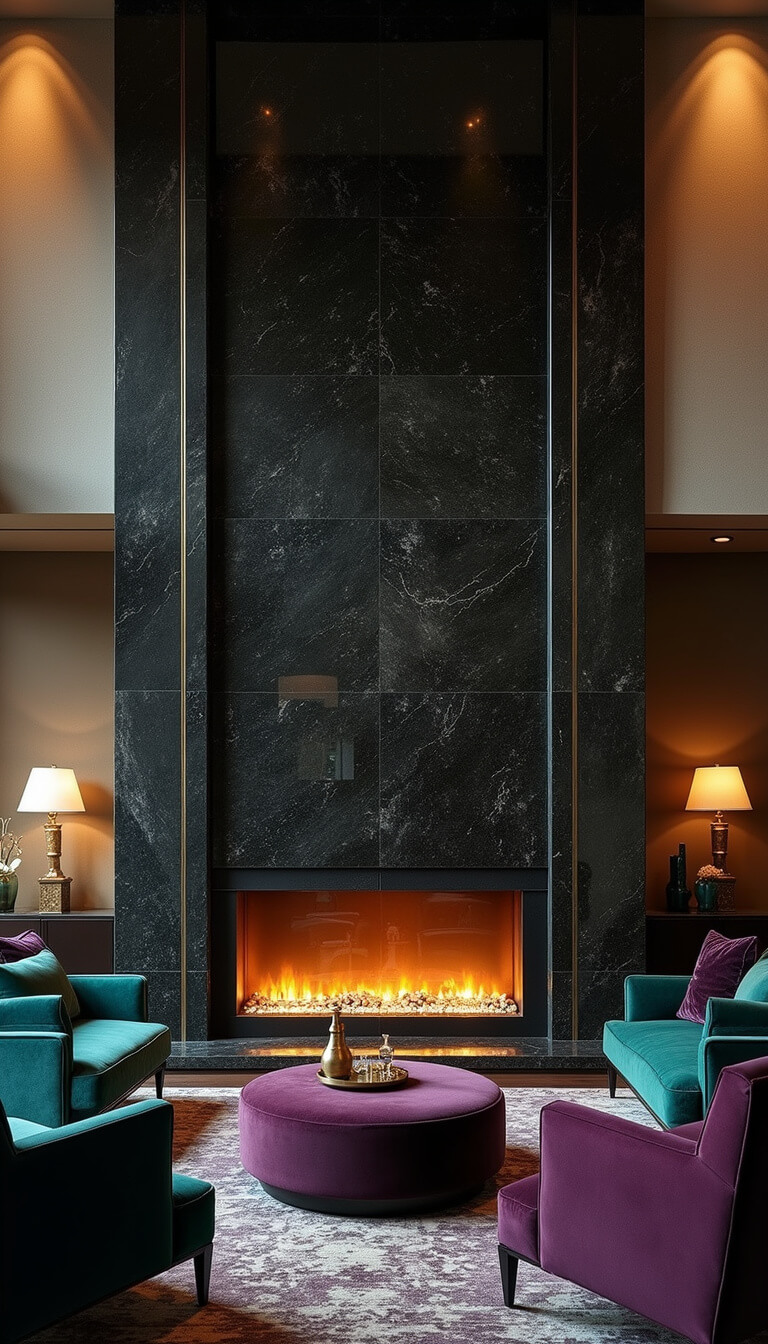 Evening view of a grand two-story dark granite and bronze fireplace with ambient lighting, jewel-toned velvet seating, and Art Deco-style decor.