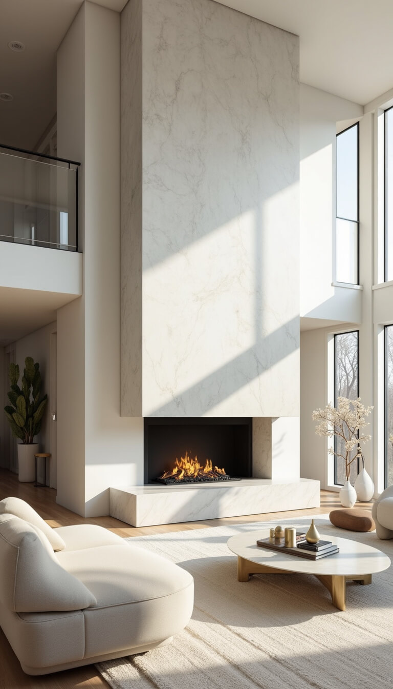 Modern two-story fireplace with waterfall marble hearth in bright daylight, surrounded by ivory and greige furniture and floor-to-ceiling windows.