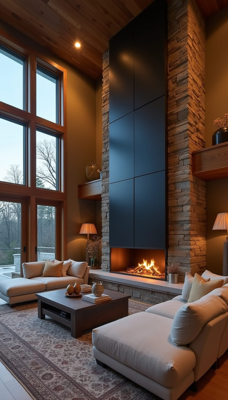 Cozy evening living room with tall rustic-modern fireplace in reclaimed wood and blackened steel, warm lighting, oversized linen sectional, layered textiles, and muted vintage Persian rug.