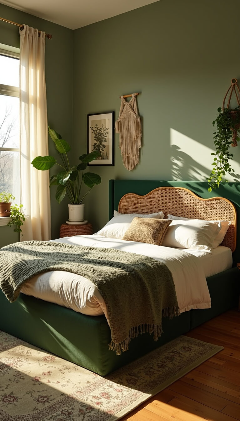 Sunlit sage green bedroom with emerald velvet bed, tall rattan headboard, vintage Persian rug, lush houseplants, and textured decor glowing in golden hour light.