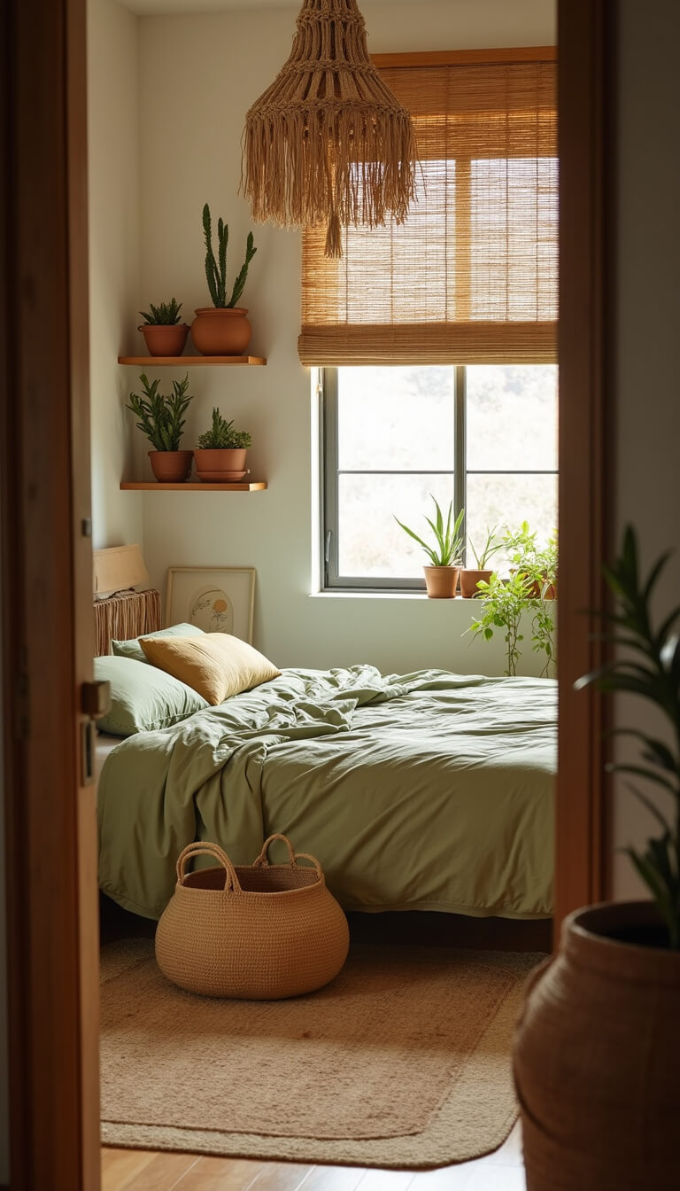 Boho bedroom at dawn with pistachio linen bed under macramé canopy, bamboo-filtered light illuminating succulents on wooden shelves.
