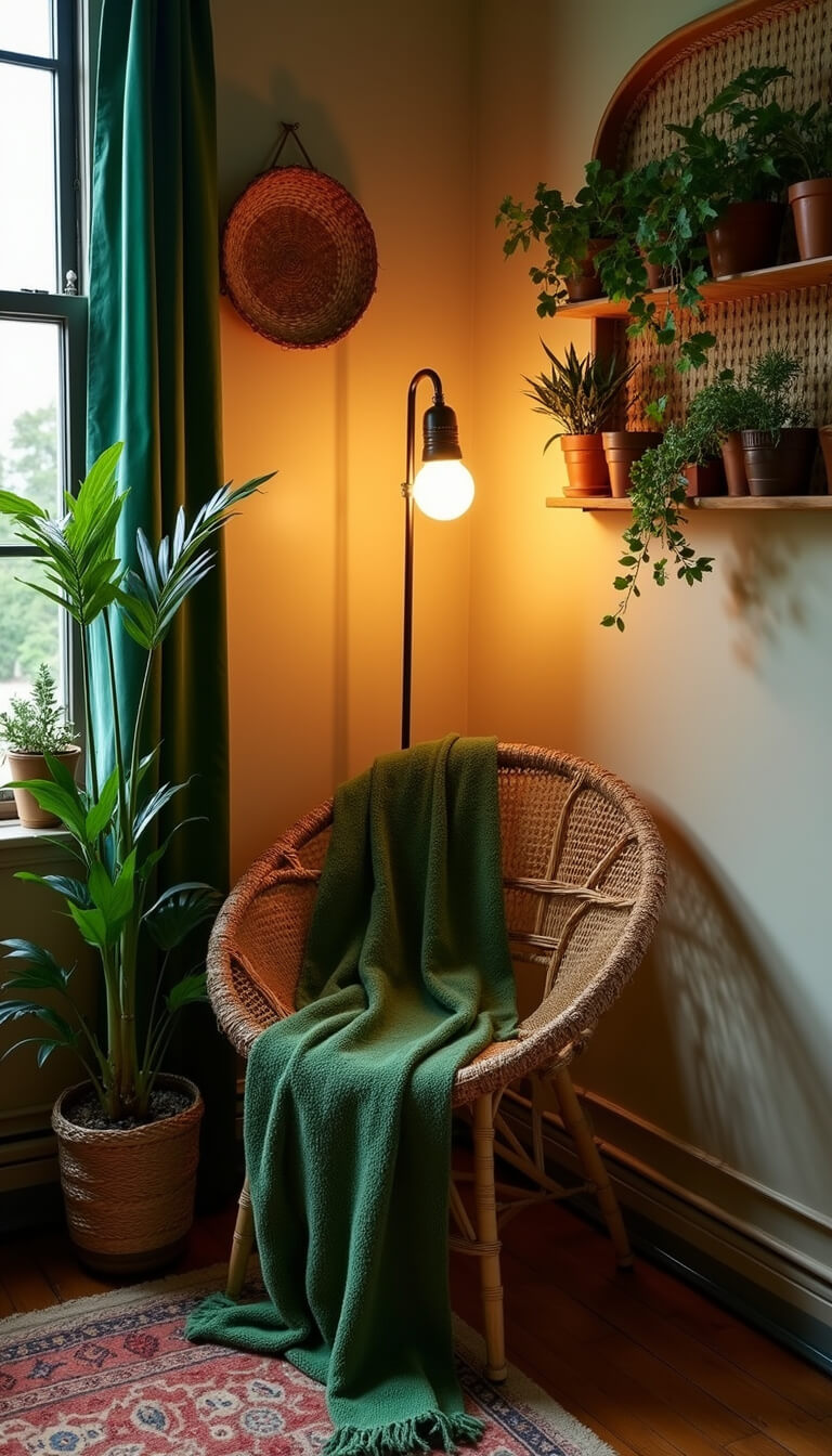 Cozy bohemian bedroom corner with rattan peacock chair, moss green throw, brass floor lamp, layered plants, and handwoven wall baskets at dusk.