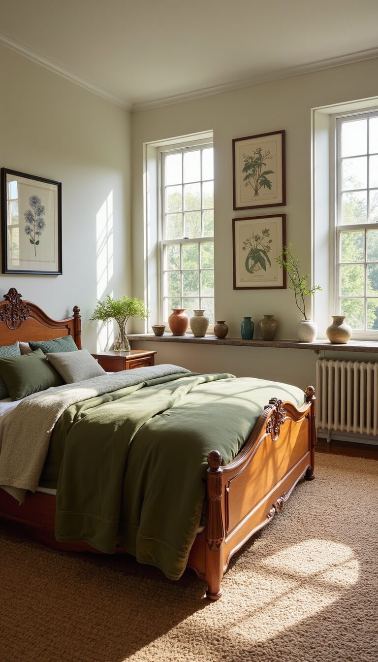 Late afternoon light fills a 16x18ft bedroom with a carved wooden bed, olive and sage linens, botanical prints, vintage ceramics, and a patterned jute rug.