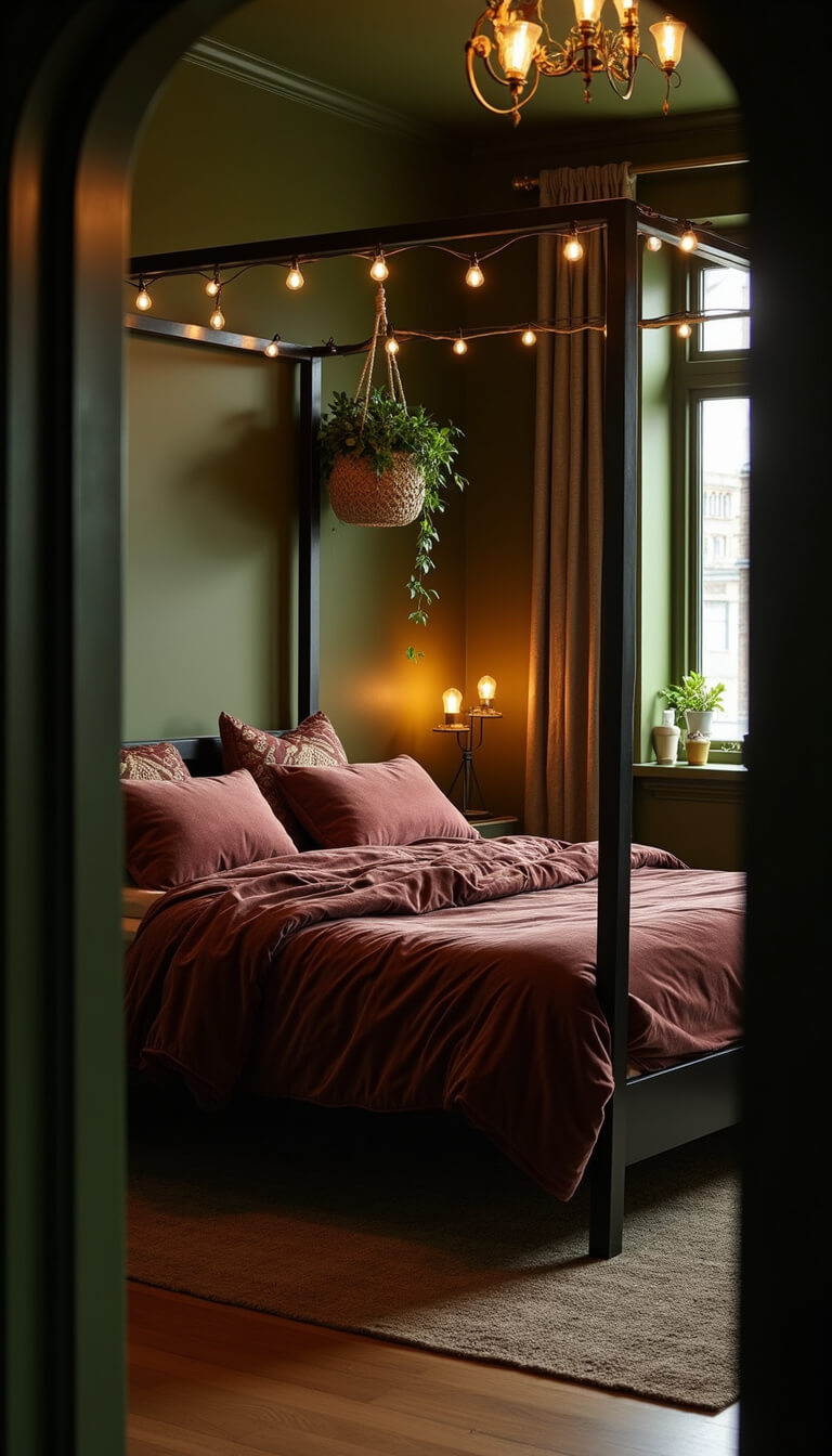 Moody bedroom with olive green accent wall, four-poster bed in velvet bedding, hanging plants, and warm Edison lighting, viewed from doorway.