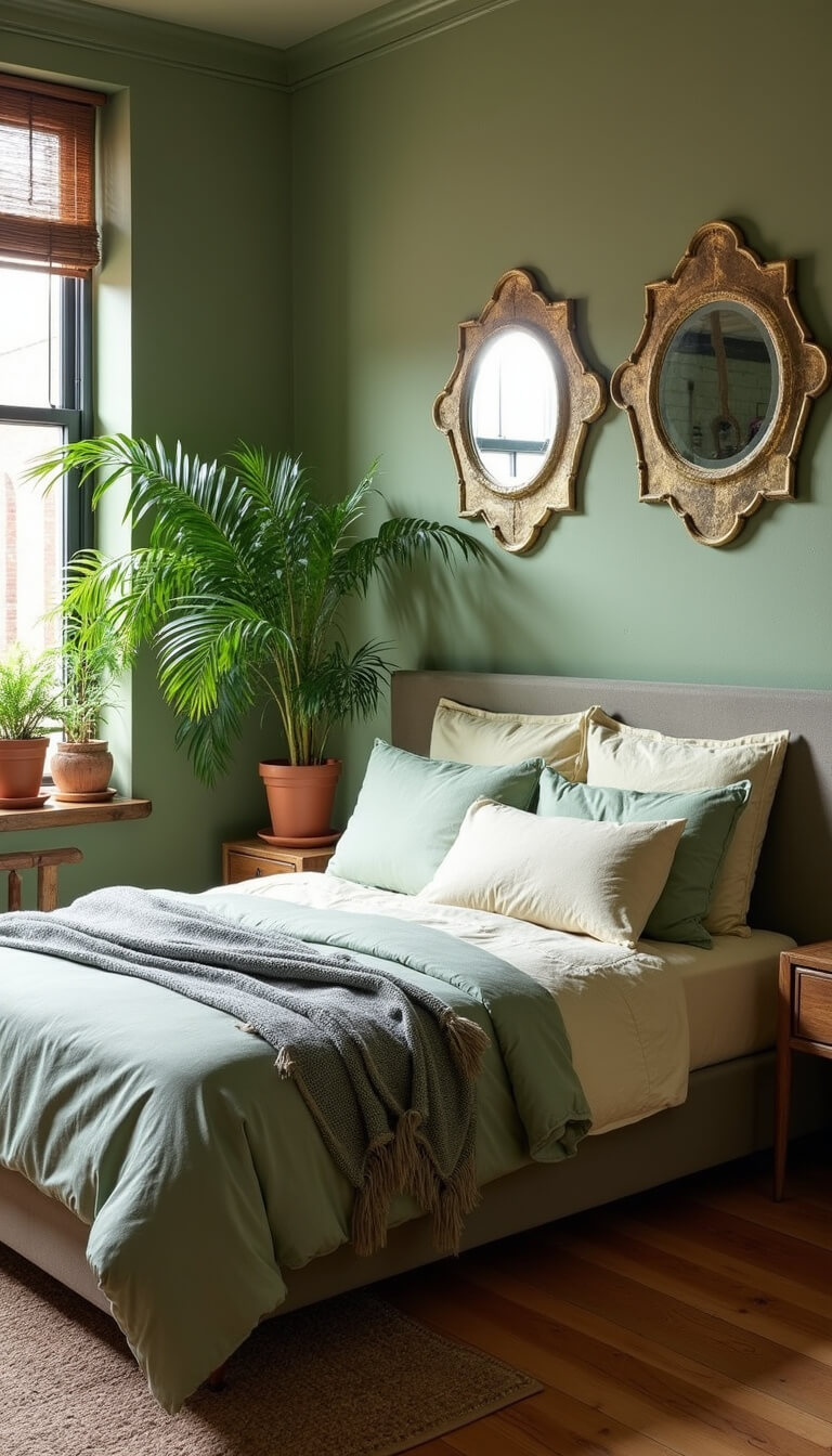 Bohemian sage green bedroom with platform bed, textured pistachio and cream bedding, vintage mirrors, and potted ferns in early morning light.
