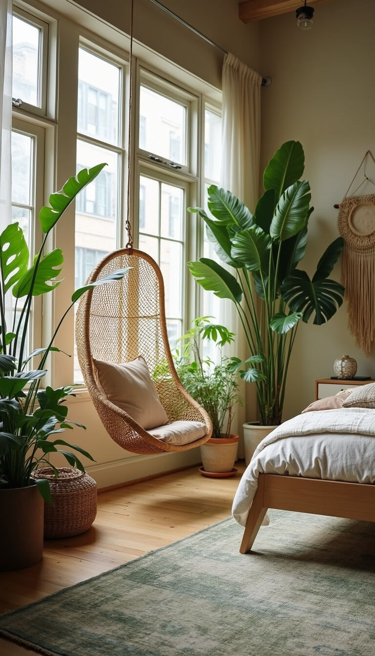 Serene bedroom with vaulted ceilings, a hanging rattan chair by tall windows, monstera plants, woven wall hangings, and a muted green Moroccan rug.