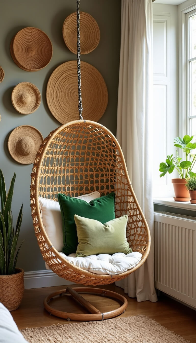 Hanging rattan egg chair in cozy bedroom alcove with woven basket wall, green velvet pillows, and potted succulents on sunlit windowsills.