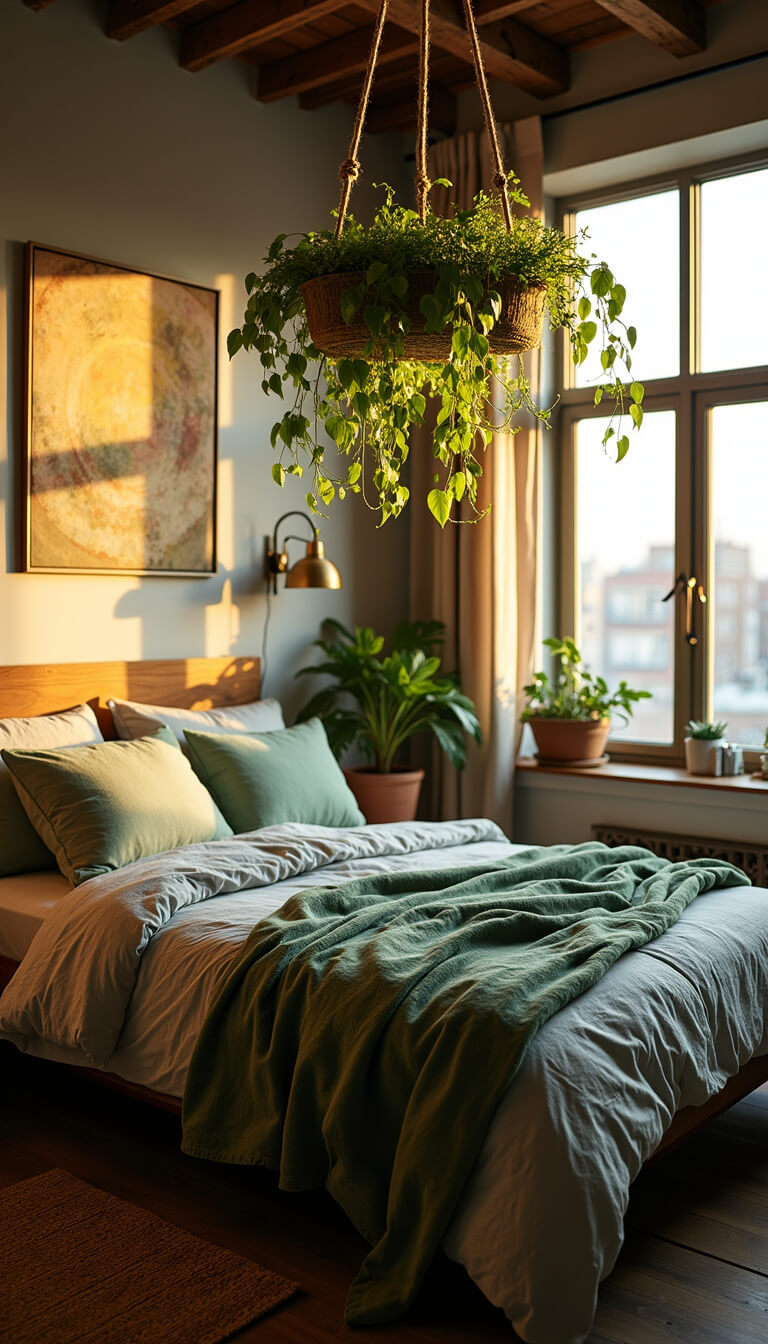 Cozy corner bedroom bathed in golden hour light, featuring a low-profile bed with green linens, macramé plant hangers overhead, and vintage brass sconces, viewed from above.