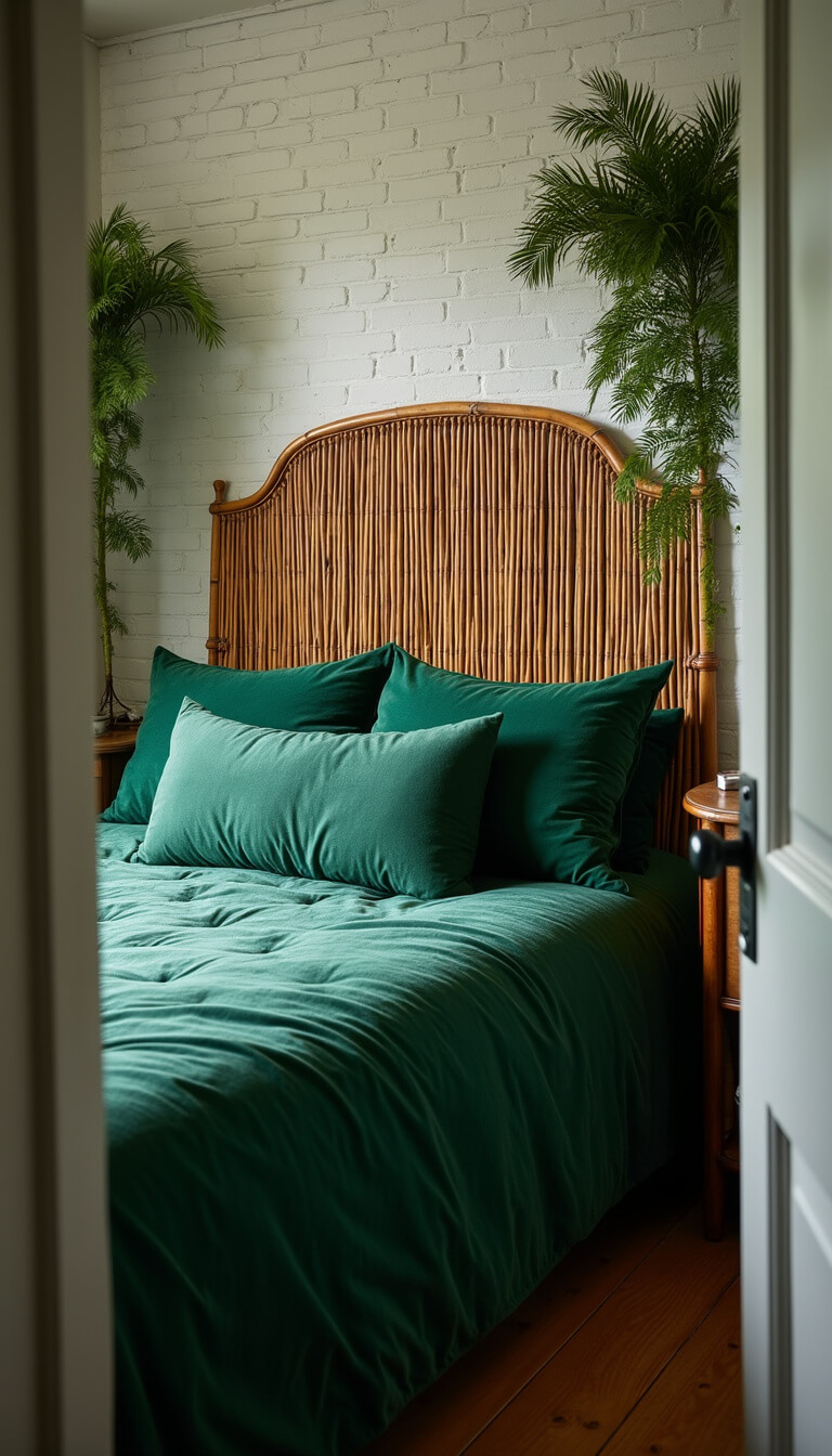 Cozy 12x12ft bedroom at dusk with white brick walls, emerald green textiles, vintage bamboo headboard, layered velvet pillows, potted ferns, and moody ambient lighting.