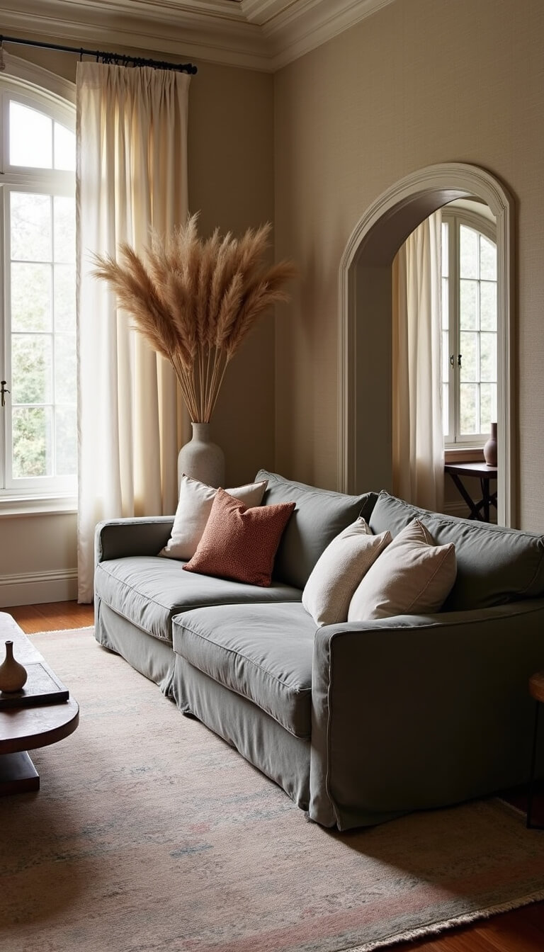 Cozy living room with slate grey linen sofa, textured pillows, and vintage Persian rug, morning light streaming through sheer curtains, with console table and dried pampas grass against grasscloth wallpaper.