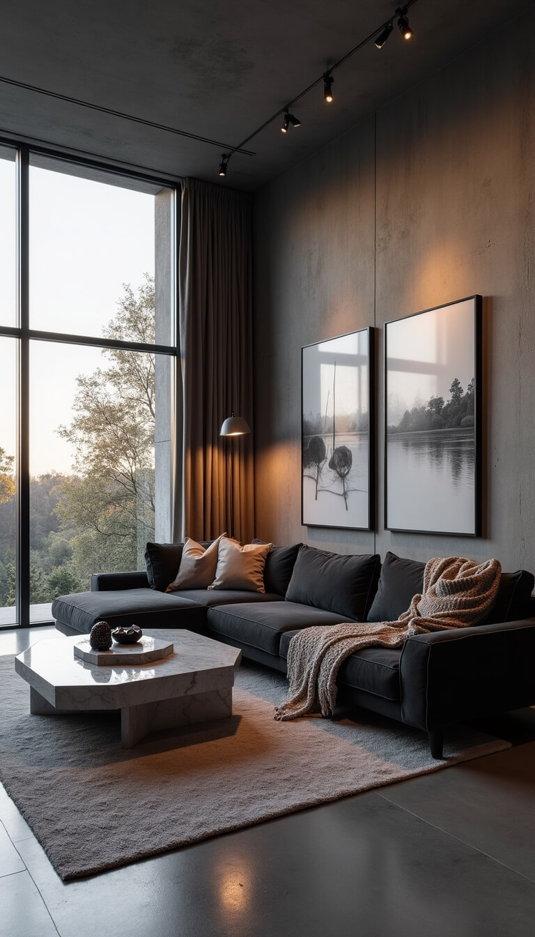 Modern open-concept living room with tall windows, charcoal sectional, gallery wall, and minimalist decor at dusk.
