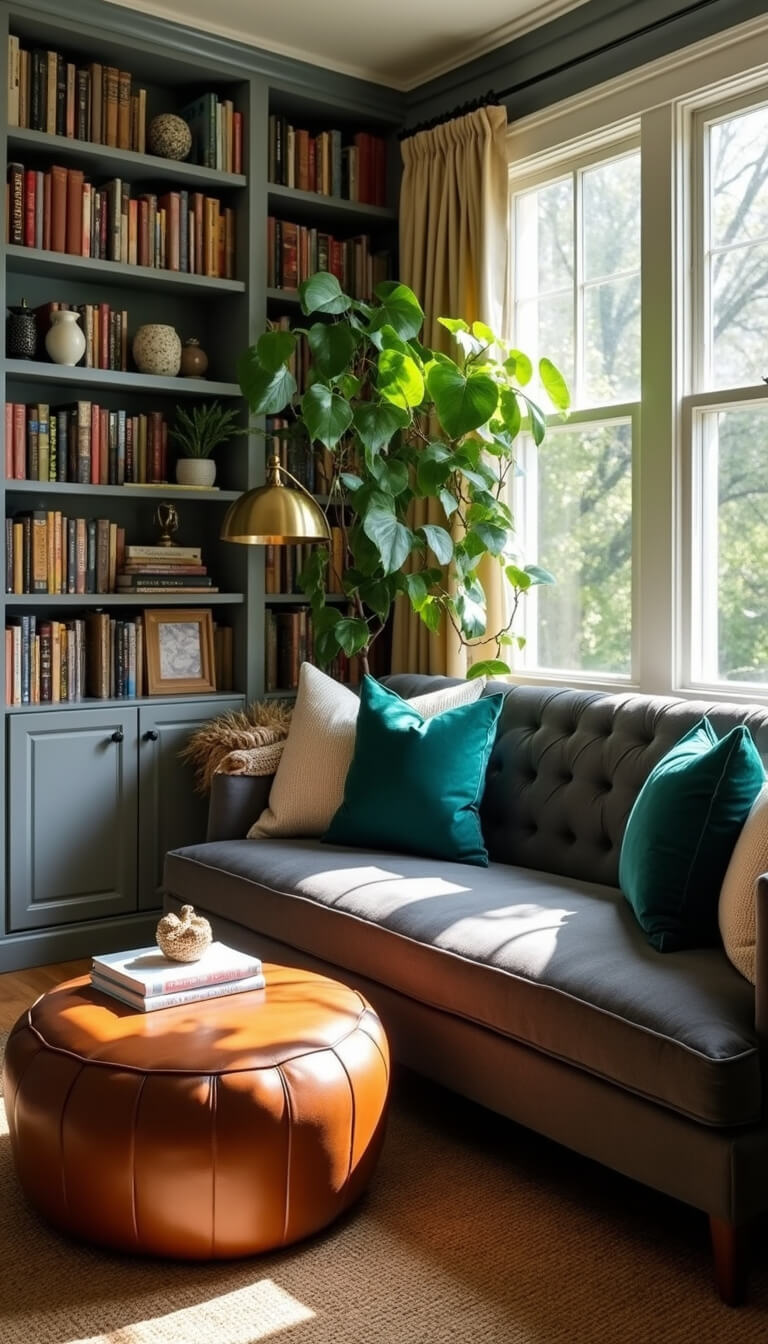 High-angle view of a cozy 16x14ft reading nook with a graphite grey tufted sofa under built-in bookshelves, sunlit fiddle leaf fig, vintage brass floor lamp, leather ottoman, jute rug, and emerald velvet pillows.