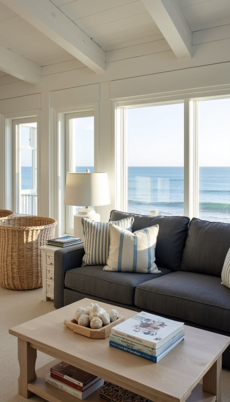 Airy coastal living room with white ceiling beams, charcoal sofa with striped pillows, woven baskets, ceramic lamp, and ocean views.