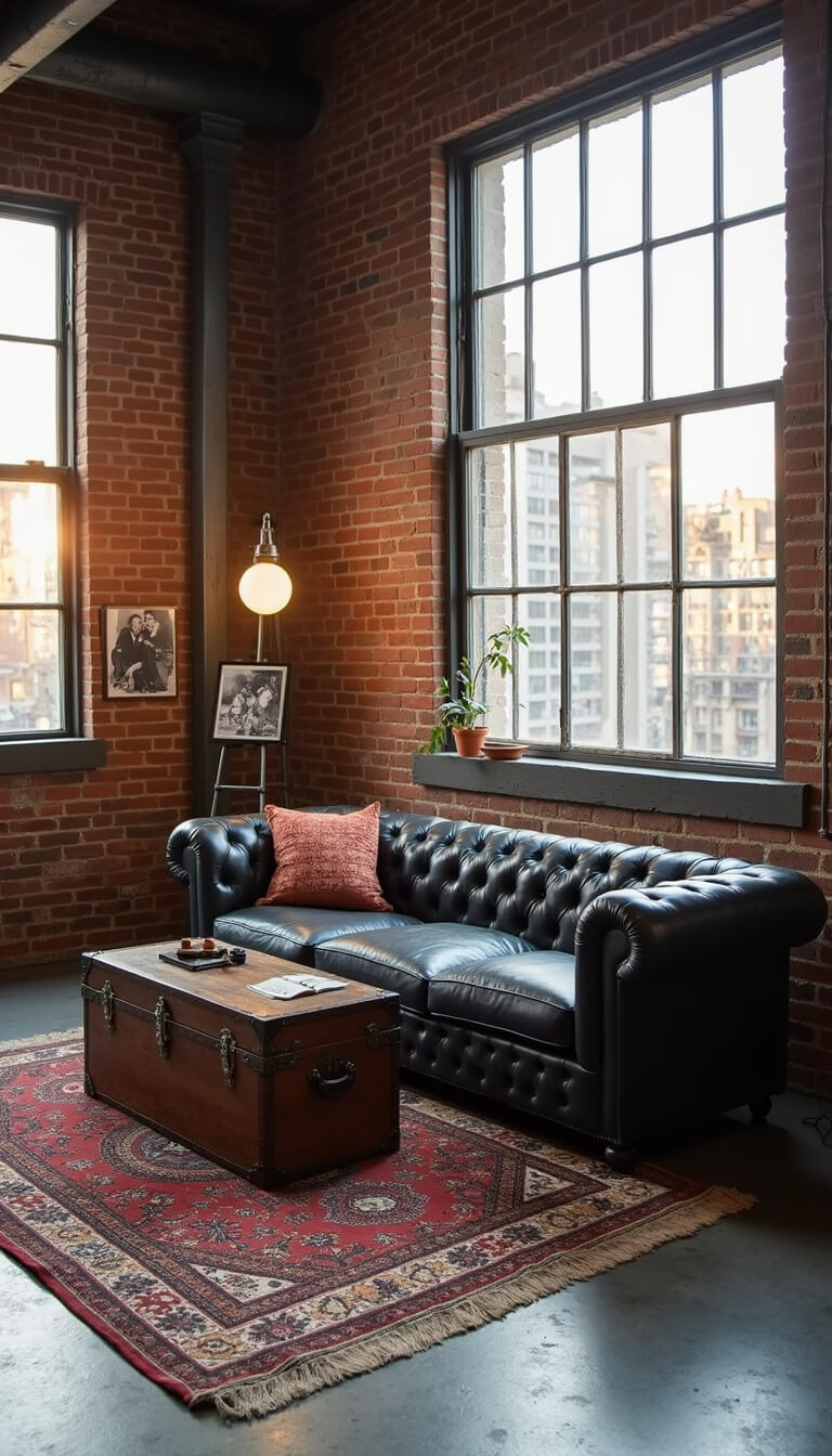 Industrial loft with exposed brick walls, steel windows, dark grey leather Chesterfield sofa, vintage trunk coffee table, industrial floor lamp, black-and-white photo gallery, and layered vintage rugs on concrete floor.