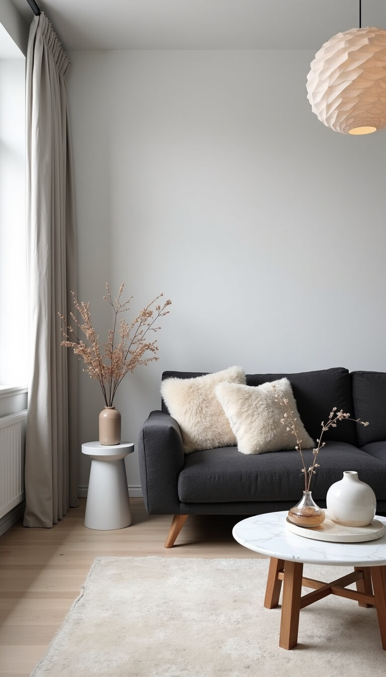 Scandinavian living room with charcoal bouclé sofa, sheepskin throws, marble side tables, and soft natural light through pale grey curtains.