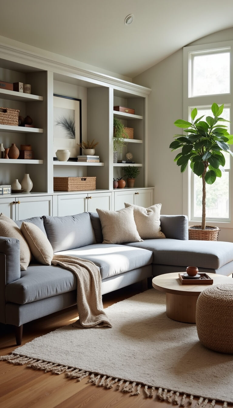 Contemporary family room with pewter grey sectional, built-in media wall, layered jute and wool rugs, and fiddle leaf fig in natural afternoon light.