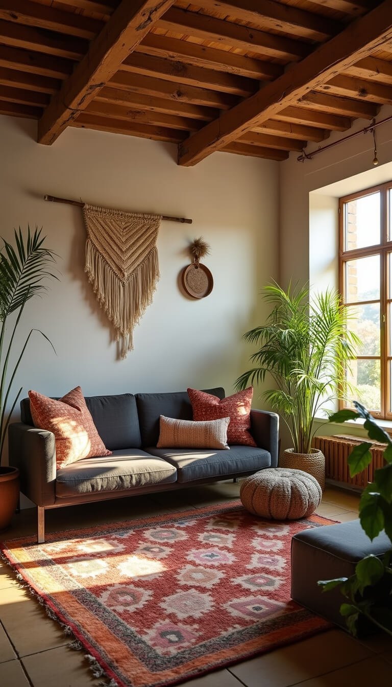Bohemian living room with exposed wooden beams, charcoal linen sofa, vintage Moroccan pillows, brass floor cushions, macramé wall hanging, and Beni Ourain rug in warm golden hour light.