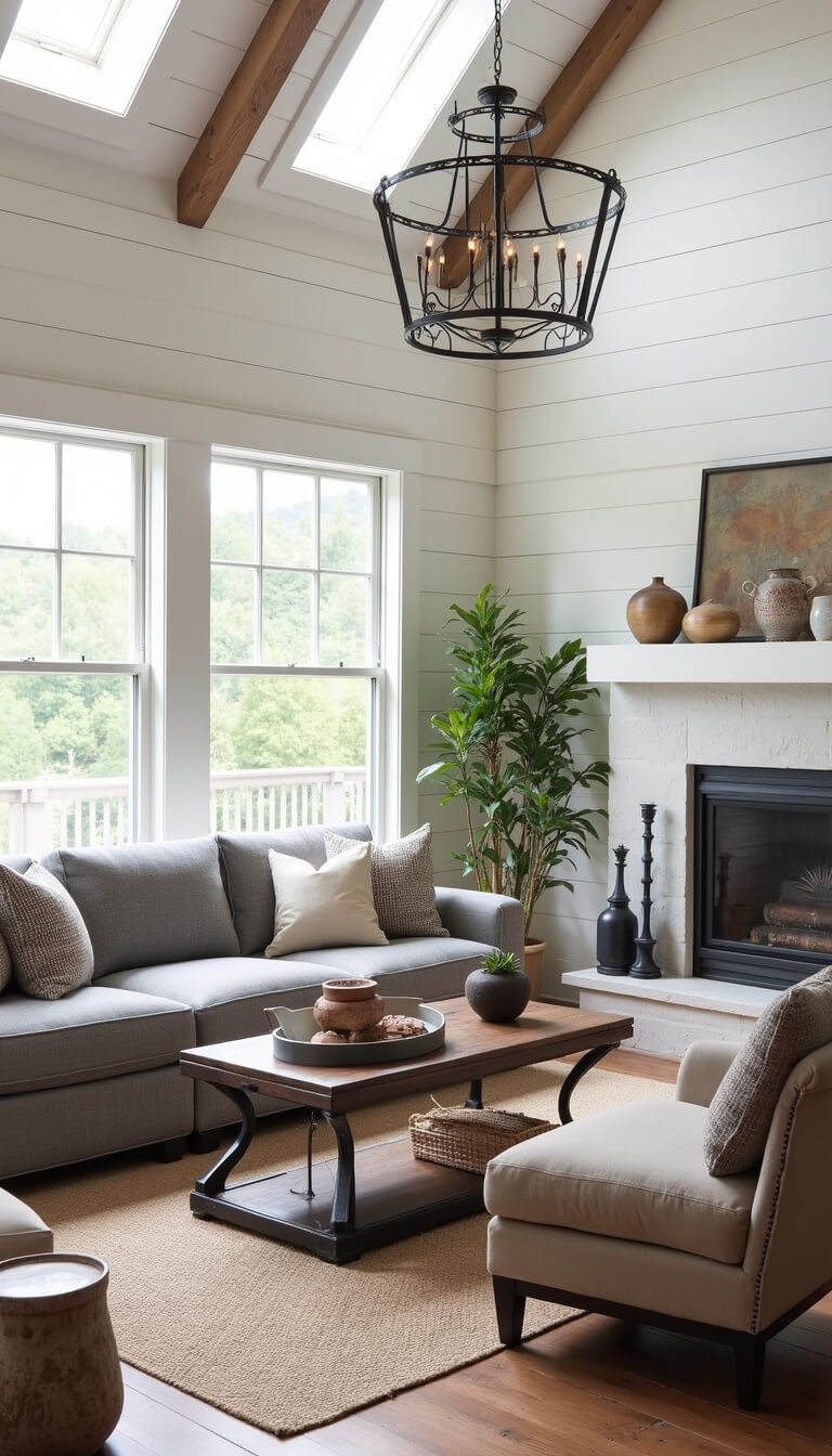 Modern farmhouse great room with shiplap walls, grey sofa, vintage pillows, industrial coffee table, earthenware pottery, sisal rug, iron chandelier, and clerestory windows providing natural light.