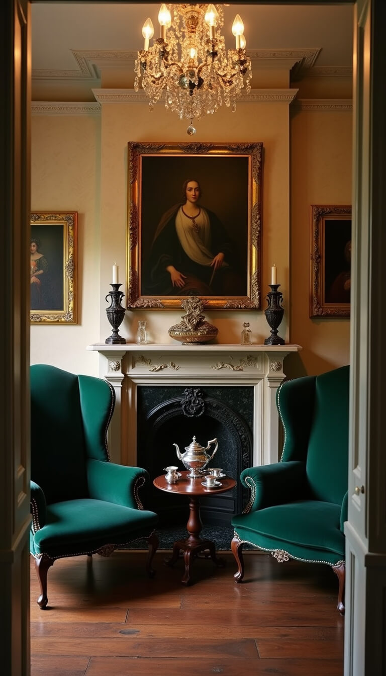 Victorian-style sitting room at dusk with emerald wingback chairs, marble fireplace, silver tea set, and warm ivory grasscloth walls under a glowing crystal chandelier.