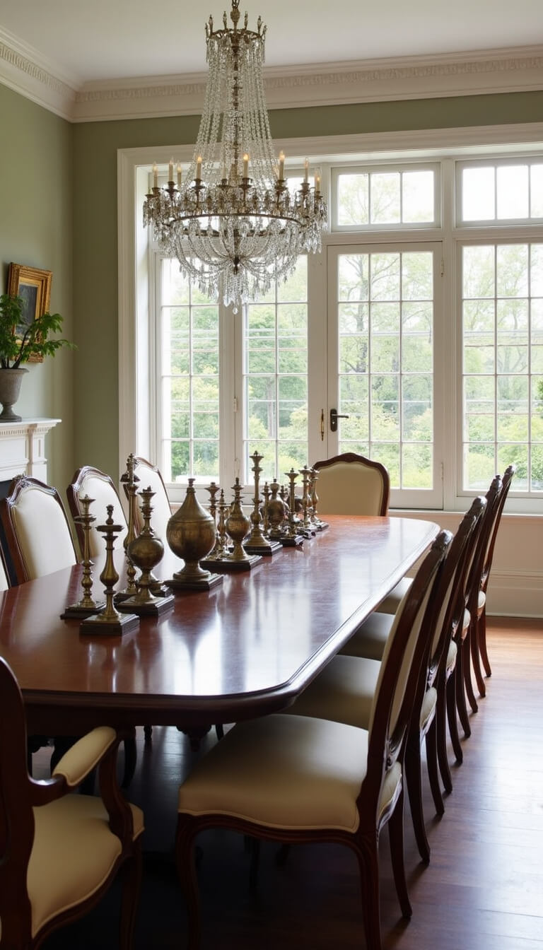 Formal dining room with mahogany table, silver candlesticks, Louis XVI chairs, and morning light streaming through tall windows.