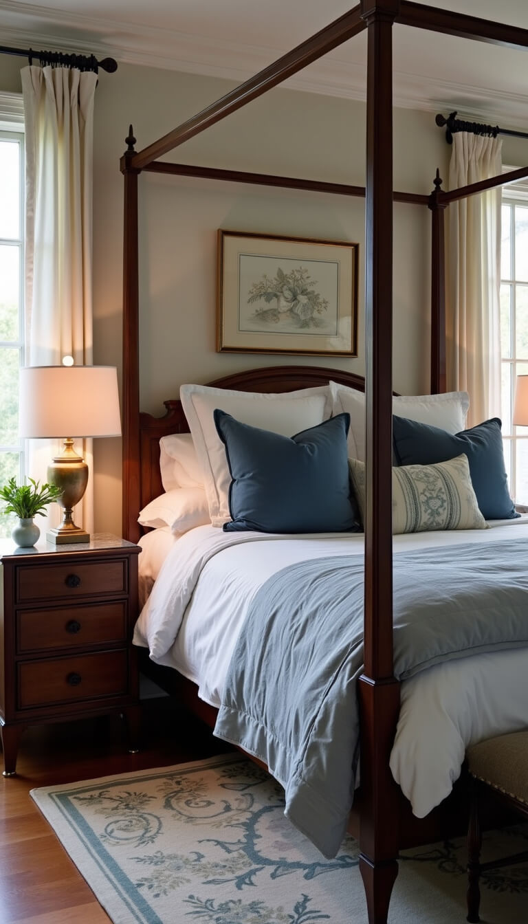Serene twilight master bedroom with four-poster bed, vintage linens, Chippendale nightstands, and French doors opening to balcony.