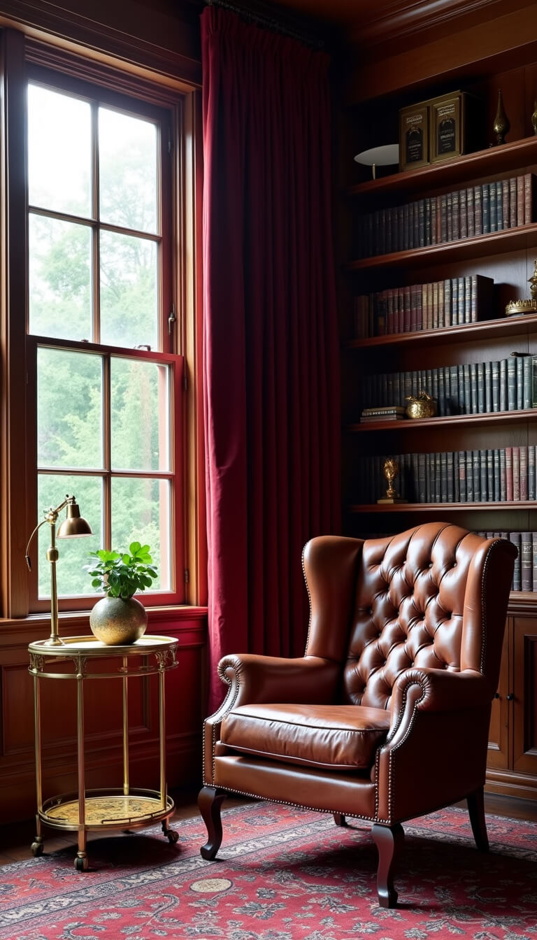 Cozy gentleman's study with leather chair, globe bar cart, bookcases, and velvet curtains in late afternoon light.