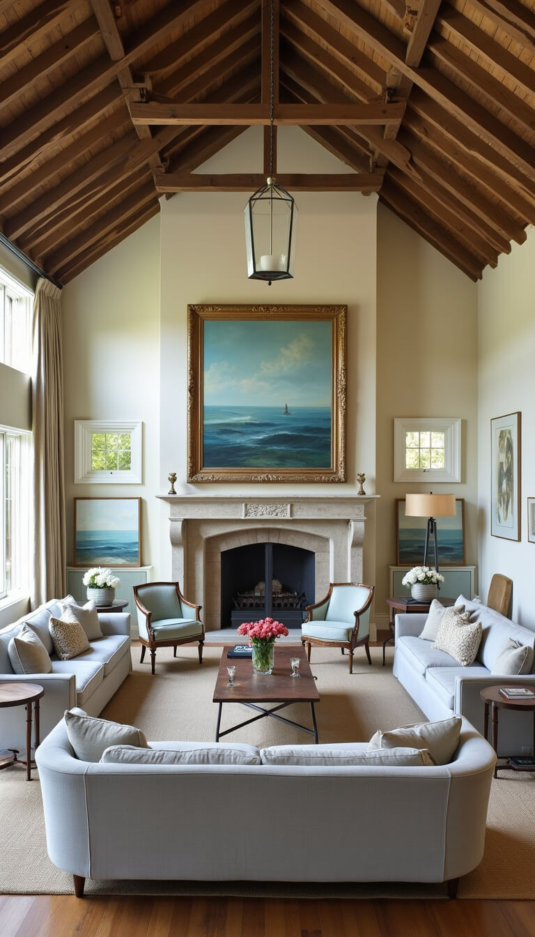 Great room with triple-height ceiling, exposed beams, and morning light; slip-covered linen sofas, antique blue velvet chairs, seascape above limestone fireplace, viewed from mezzanine.