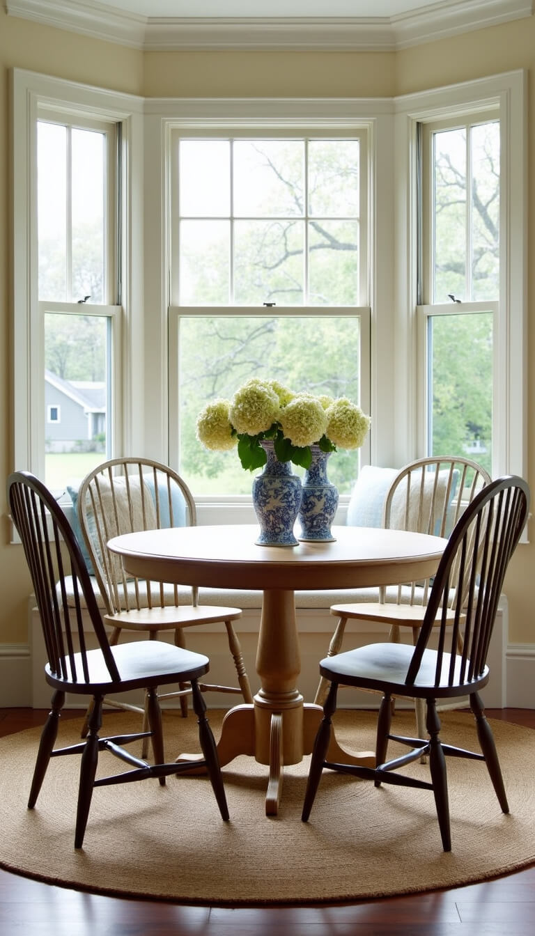 Sunlit breakfast nook with bay window, round oak table, mixed Windsor chairs, hydrangea-filled chinoiserie vases, and layered sisal and Oushak rugs.