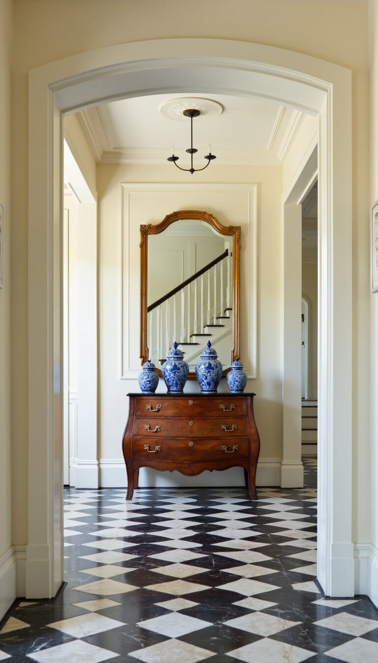 Elegant entry foyer with curved staircase, checkerboard marble floor, ivory walls with molding, burled walnut chest, blue and white ginger jars, and gilt-framed mirror reflecting daylight.