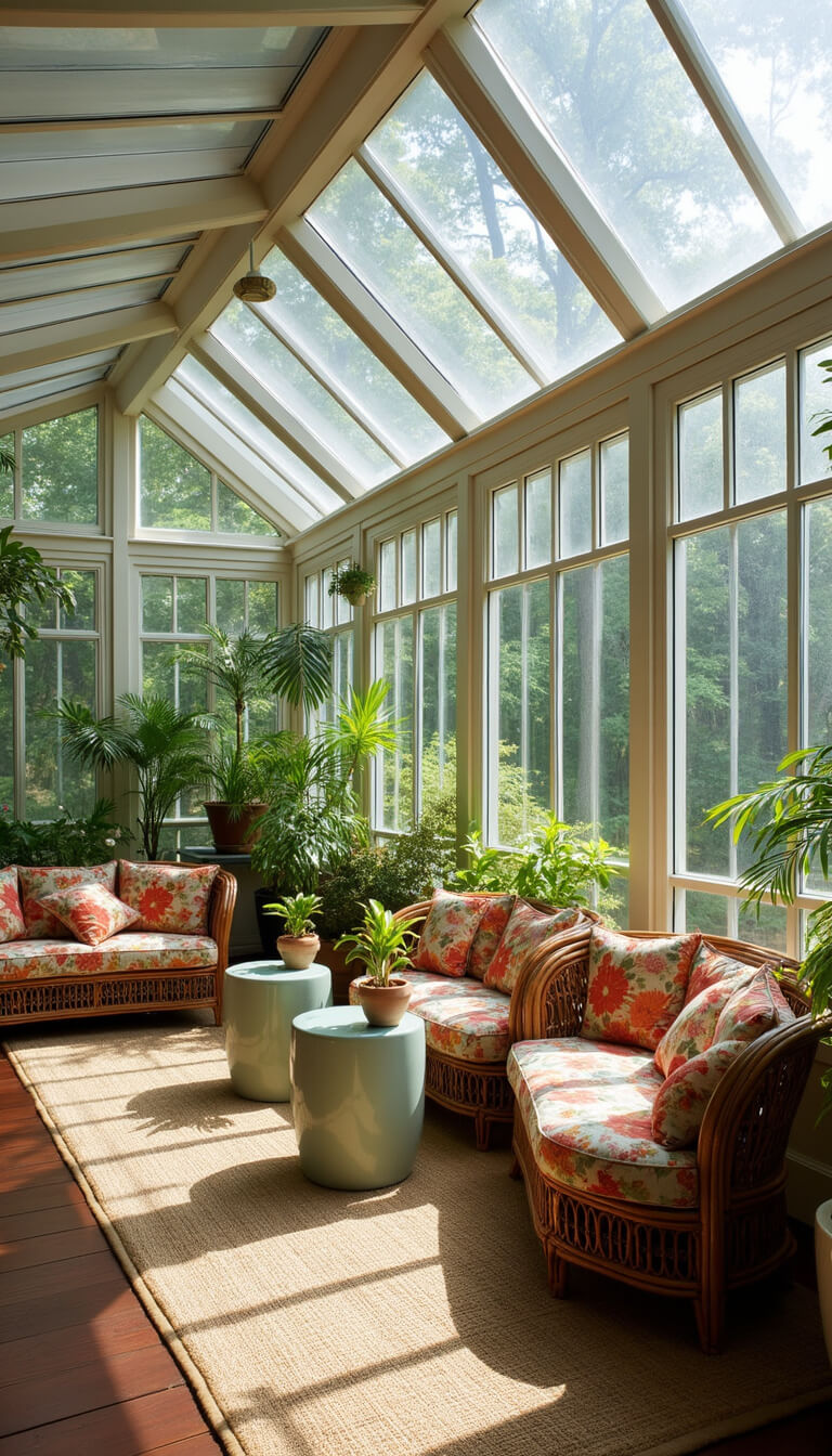 Conservatory-style morning room with glass ceiling, rattan and bamboo furniture, chintz cushions, celadon Chinese garden stools, potted palms and orchids, and sisal carpet, bathed in natural light.