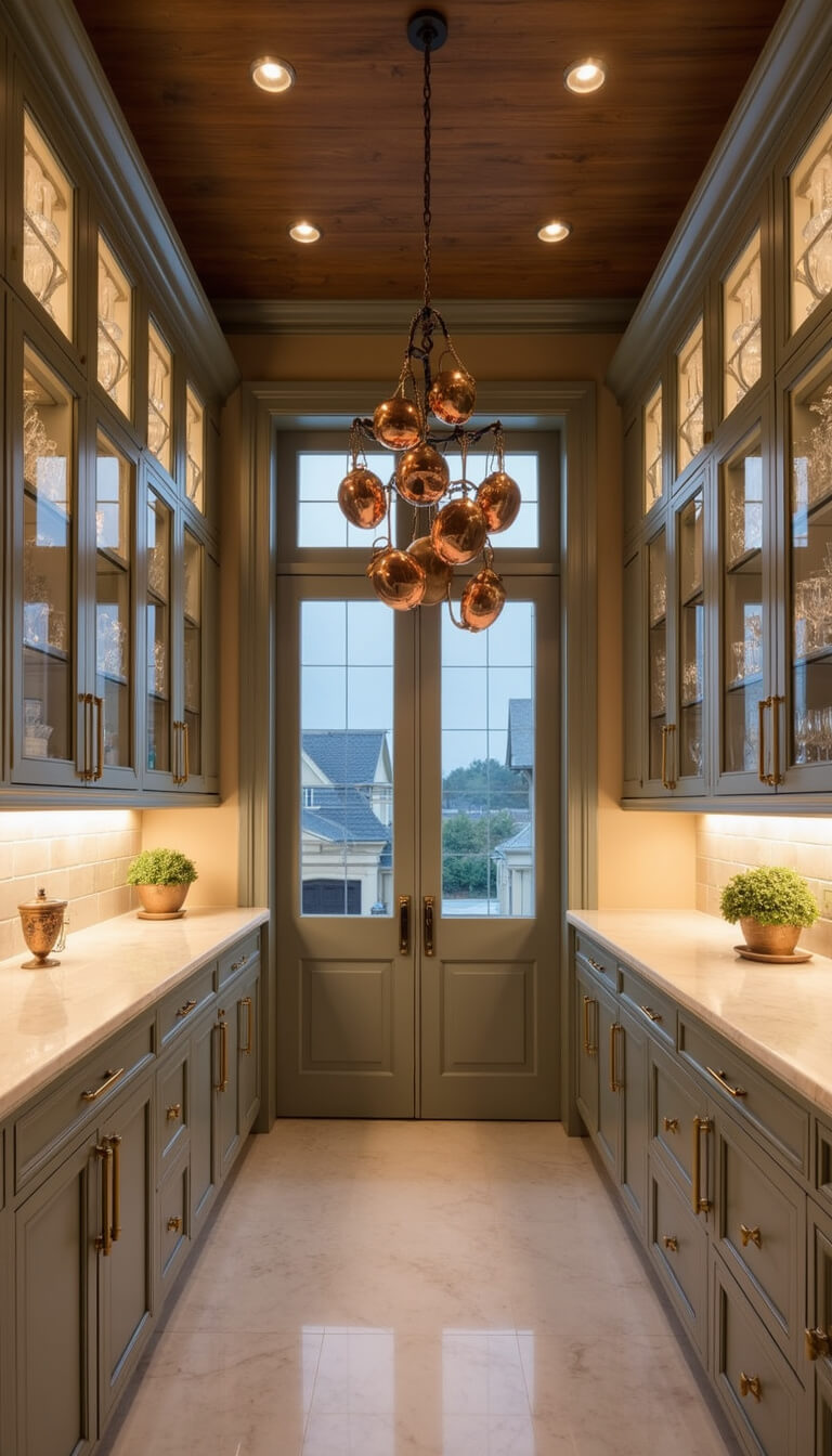 Elegant butler's pantry with glass-front cabinets displaying silver and crystal, marble countertops, brass hardware, hanging copper pots, and warm evening lighting.