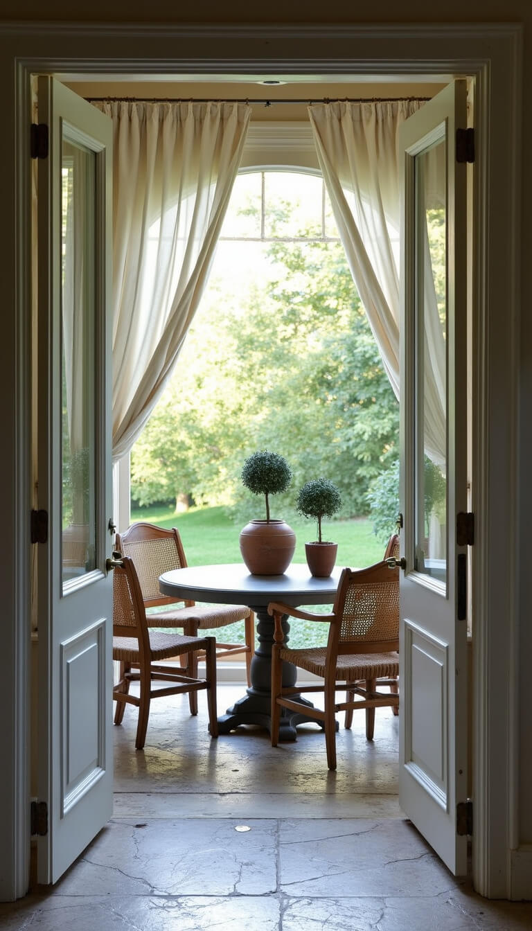 Garden room at dawn with open French doors, sheers billowing, Swedish antiques, zinc table, terra cotta pots with topiaries, and stone fossil floor blending indoors and misty terrace.