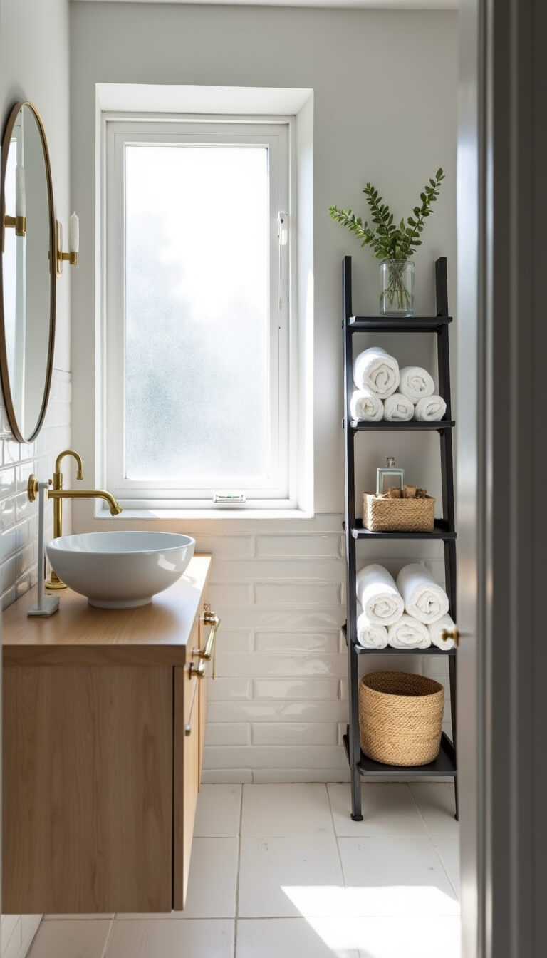 Bright apartment bathroom with white subway tiles, floating oak vanity, brass mirror, and black ladder shelf with towels and décor in morning sunlight.