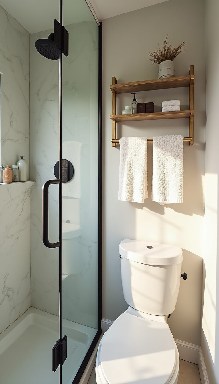 Compact modern bathroom with glass shower, gold shelving, and marble-effect walls in golden hour light.