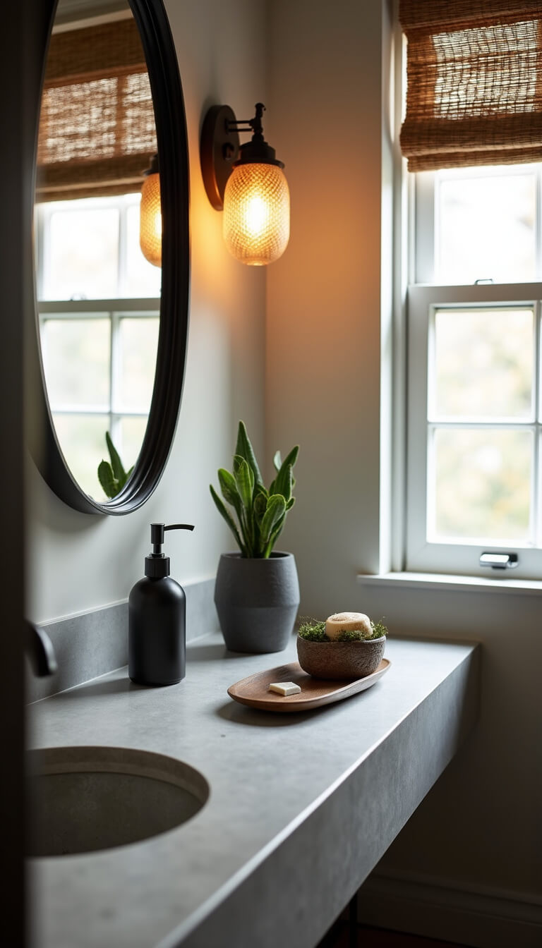 Close-up of a styled bathroom vanity with matte black soap dispenser, potted snake plant, and ceramic tray on a concrete-look counter, lit by morning light through a bamboo shade.