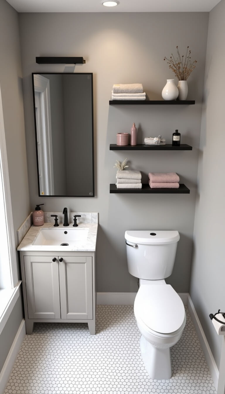 Overhead view of a compact 5x6ft minimalist bathroom with gray and white geometric floor tiles, wall-mounted greige vanity, and black floating shelves displaying blush, gray, and white accessories.