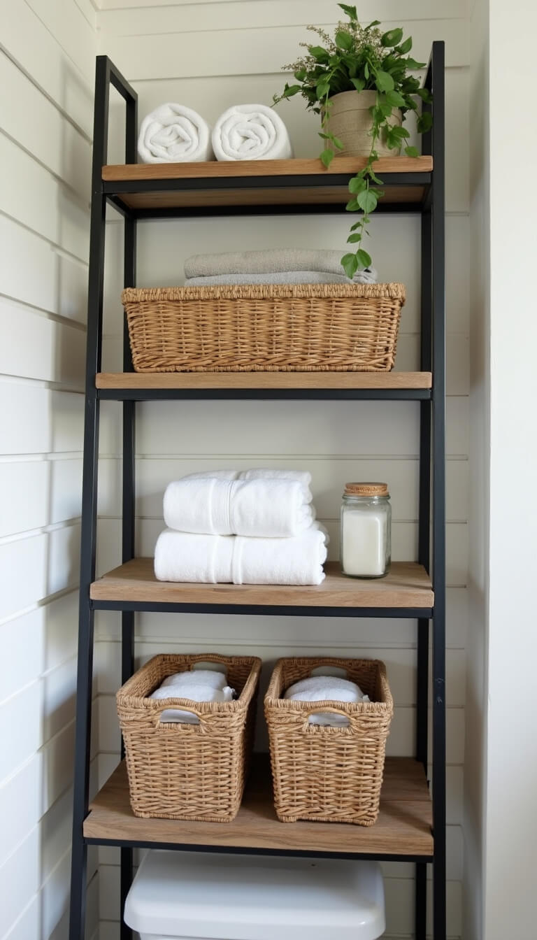 Detail of industrial black metal and wood ladder shelf with towels, baskets, and minimal decor against white shiplap wall.