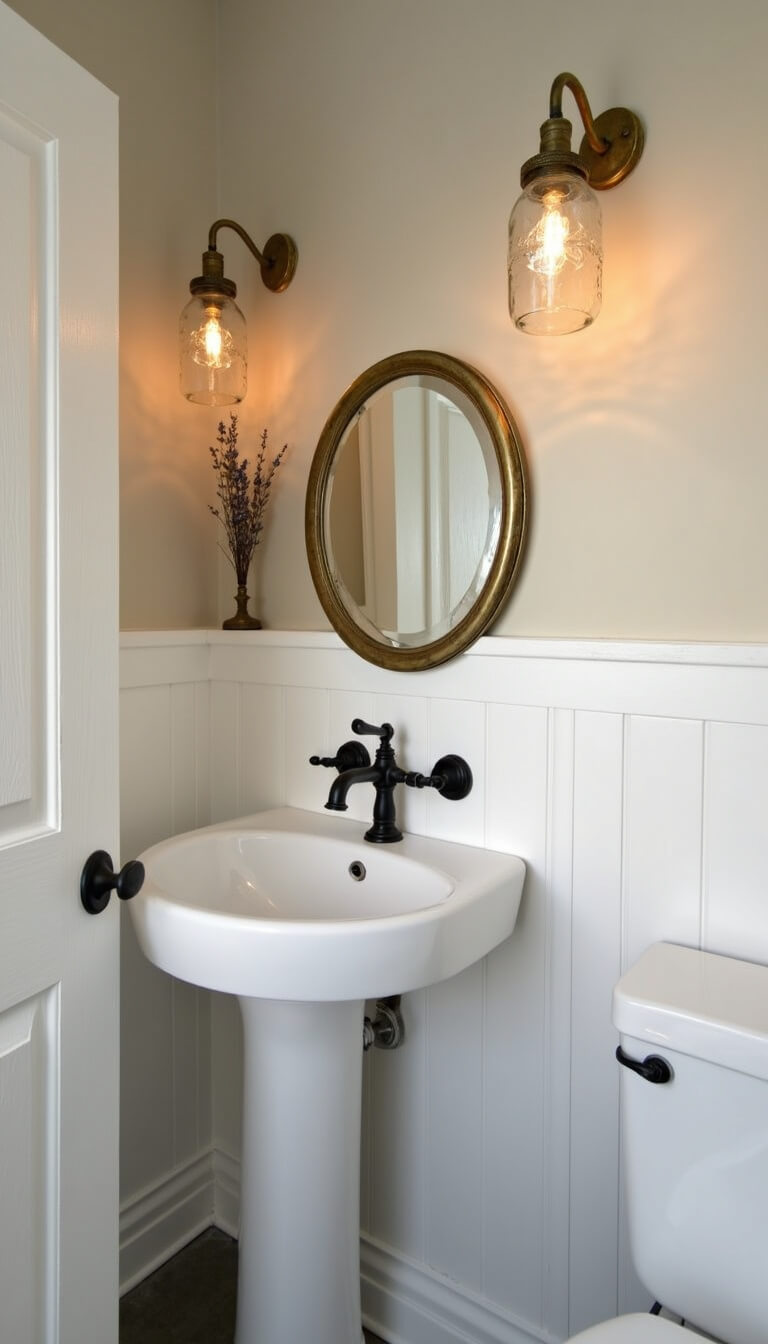 Modern farmhouse bathroom with white pedestal sink, matte black faucet, brass-framed oval mirror, mason jar sconces, and dried lavender bouquet on greige wall during golden hour.