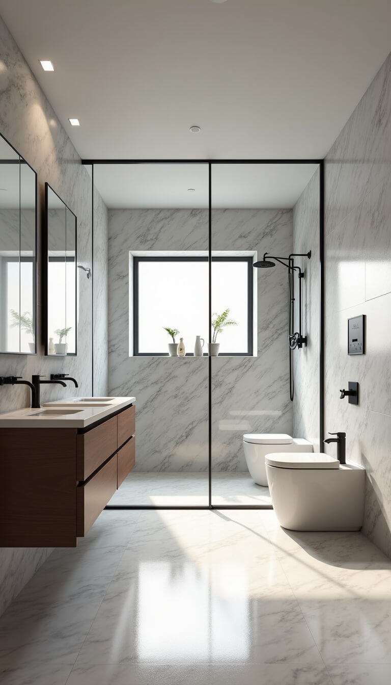 Modern 6x8ft bathroom with marble-look tiles, black-framed glass shower, walnut floating vanity, and black fixtures.