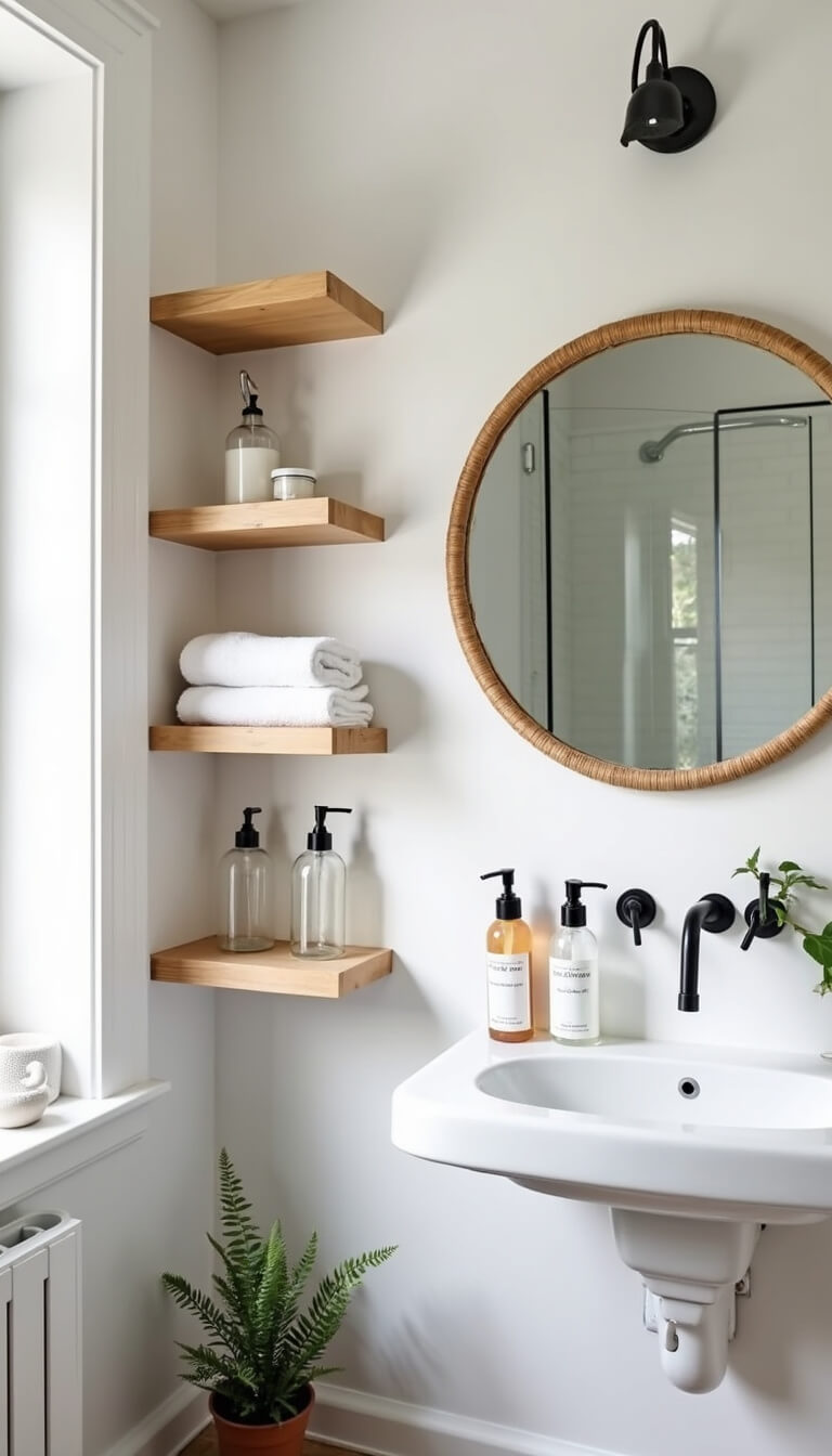 Scandinavian bathroom corner with floating light oak shelves, circular rattan mirror, glass toiletries, and potted fern in morning light.