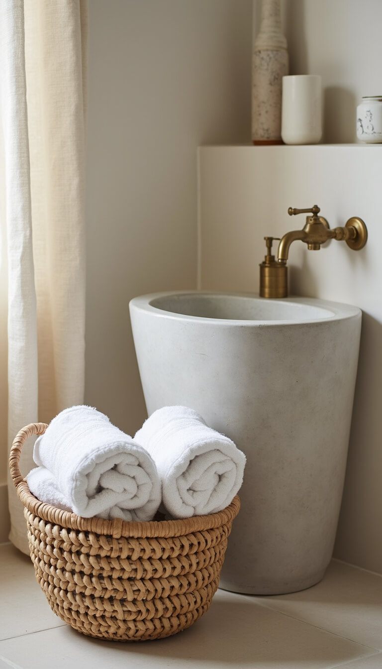 Close-up of textured bathroom details including a seagrass basket with white towels, concrete sink with brass faucet, and ceramic accessories in neutral tones.