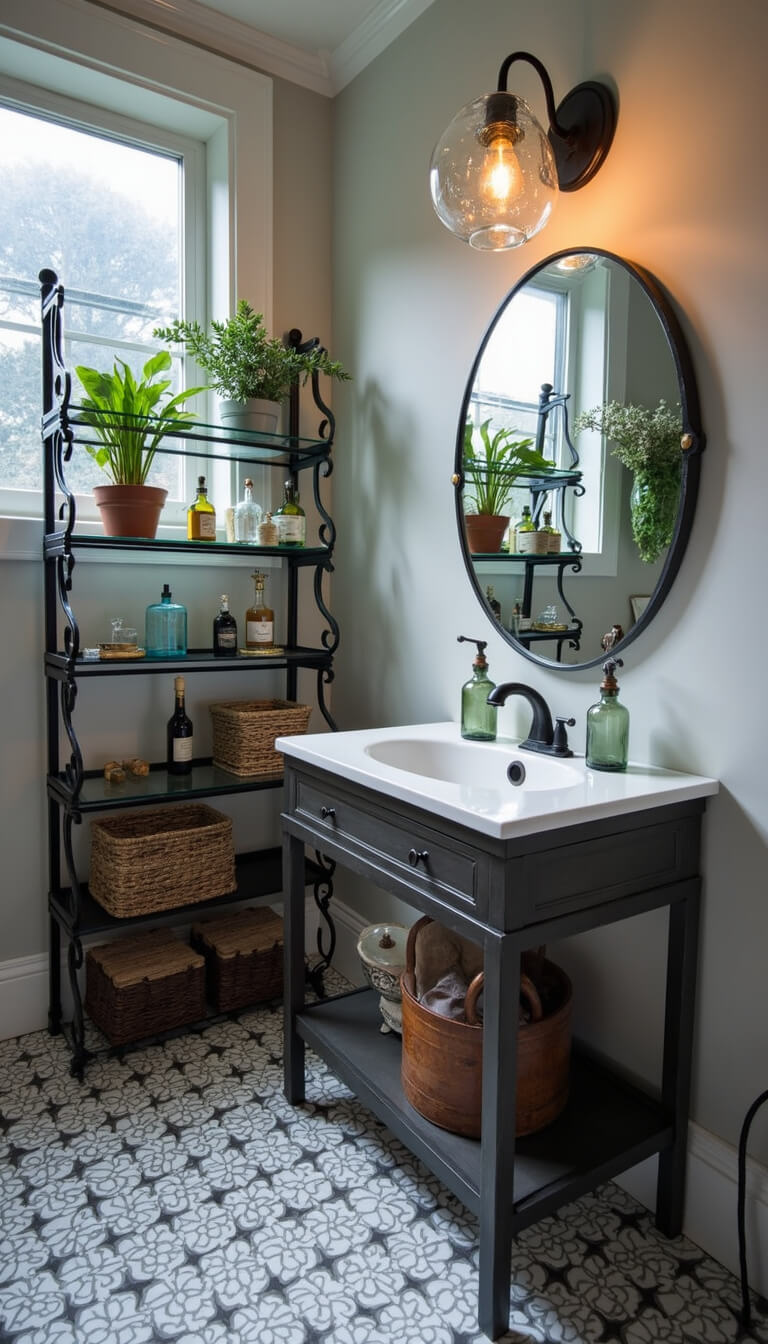 Modern eclectic bathroom with patterned gray and white cement floor tiles, metal and glass etagere holding vintage apothecary bottles, plants, and woven baskets, illuminated by bubble glass sconce during moody blue hour.