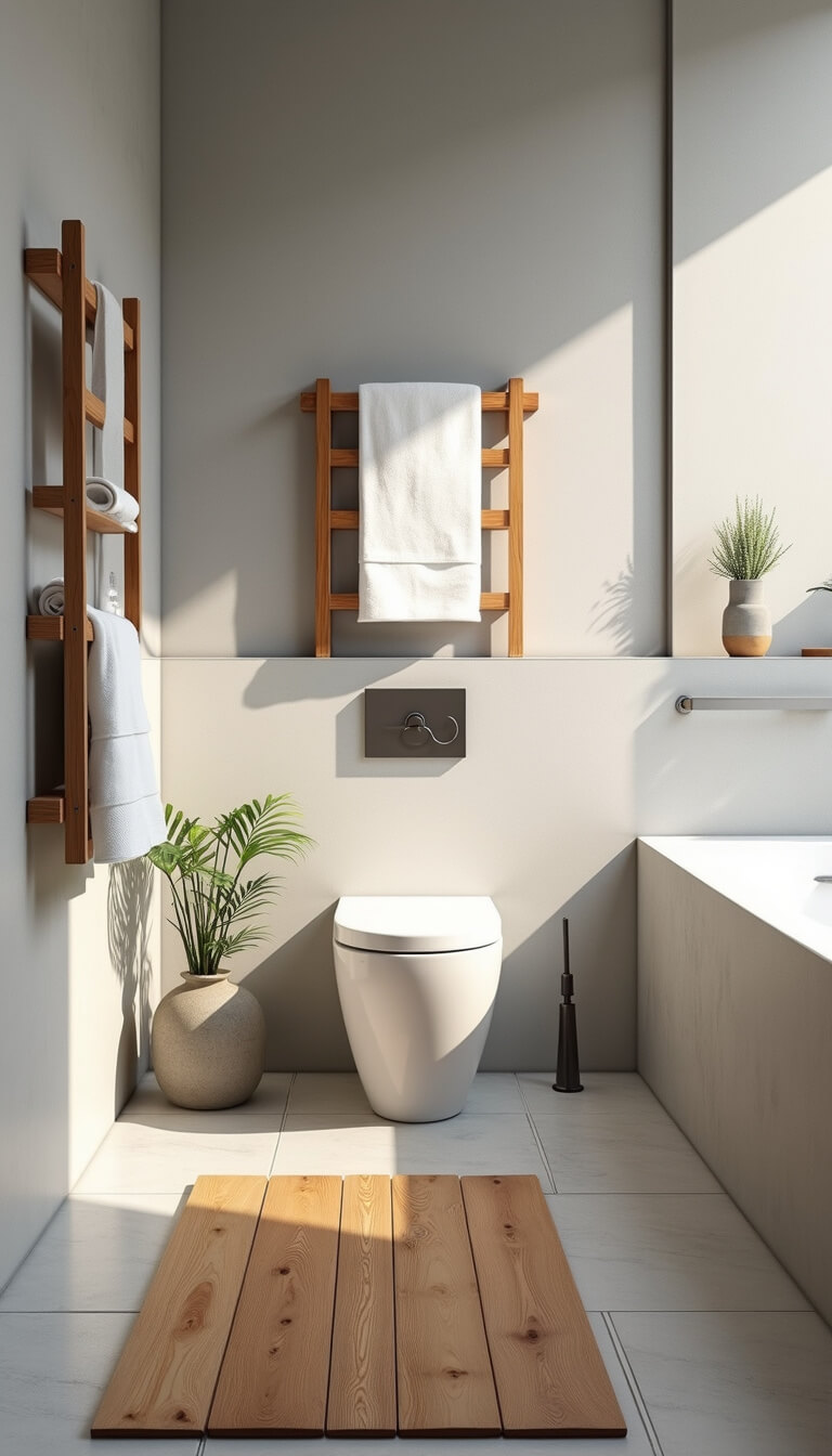 Zen-style bathroom with teak bath mat, light gray floor tiles, bamboo towel organizers, stone soap dish, and concrete planter in soft morning light.