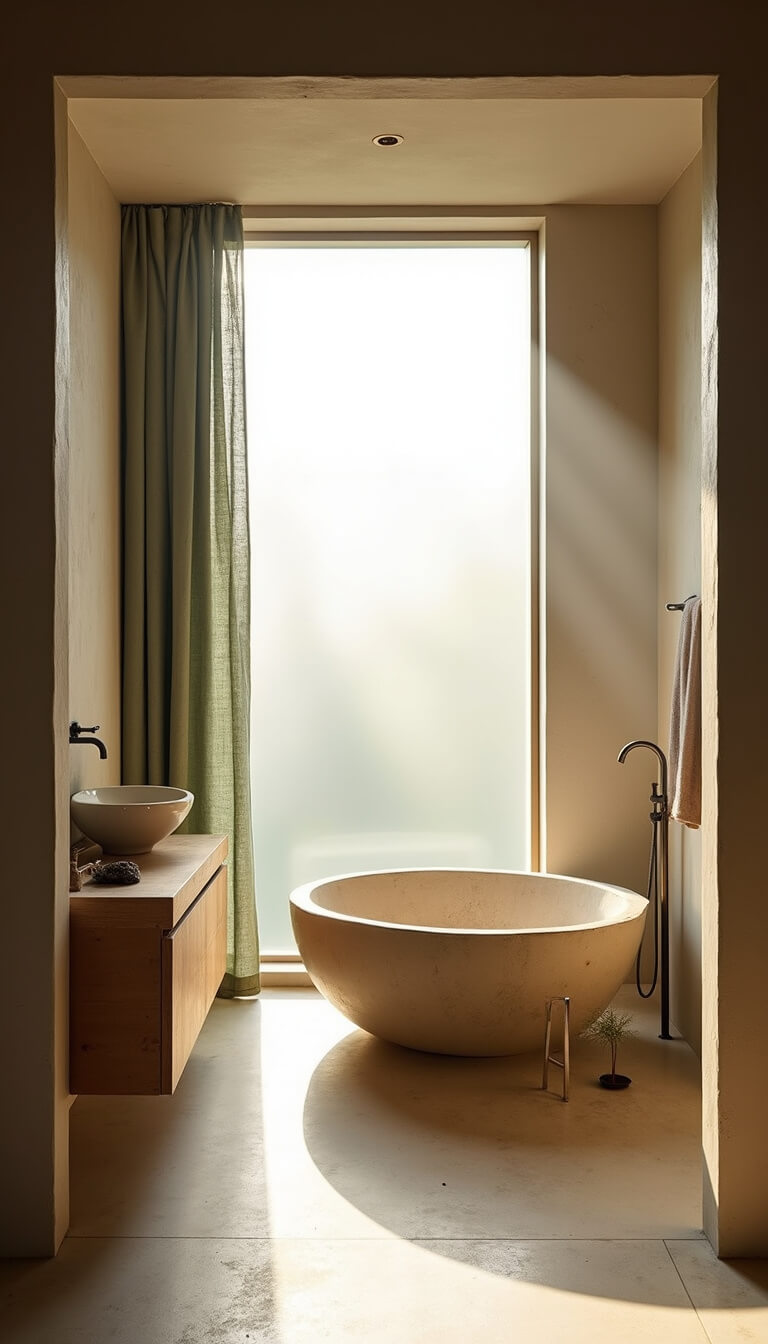 Minimalist 10x12ft bathroom with stone bathtub, teak vanity, clay plaster walls, and dawn light through frosted window.