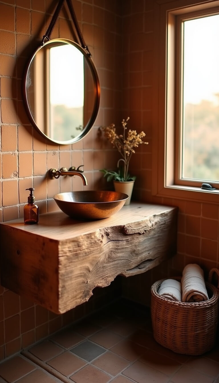 Low-angle view of a warm-toned bathroom at golden hour with a weathered oak floating vanity, hammered copper sink, irregular zellige tile walls, vintage brass mirror, and handwoven basket of linen towels.