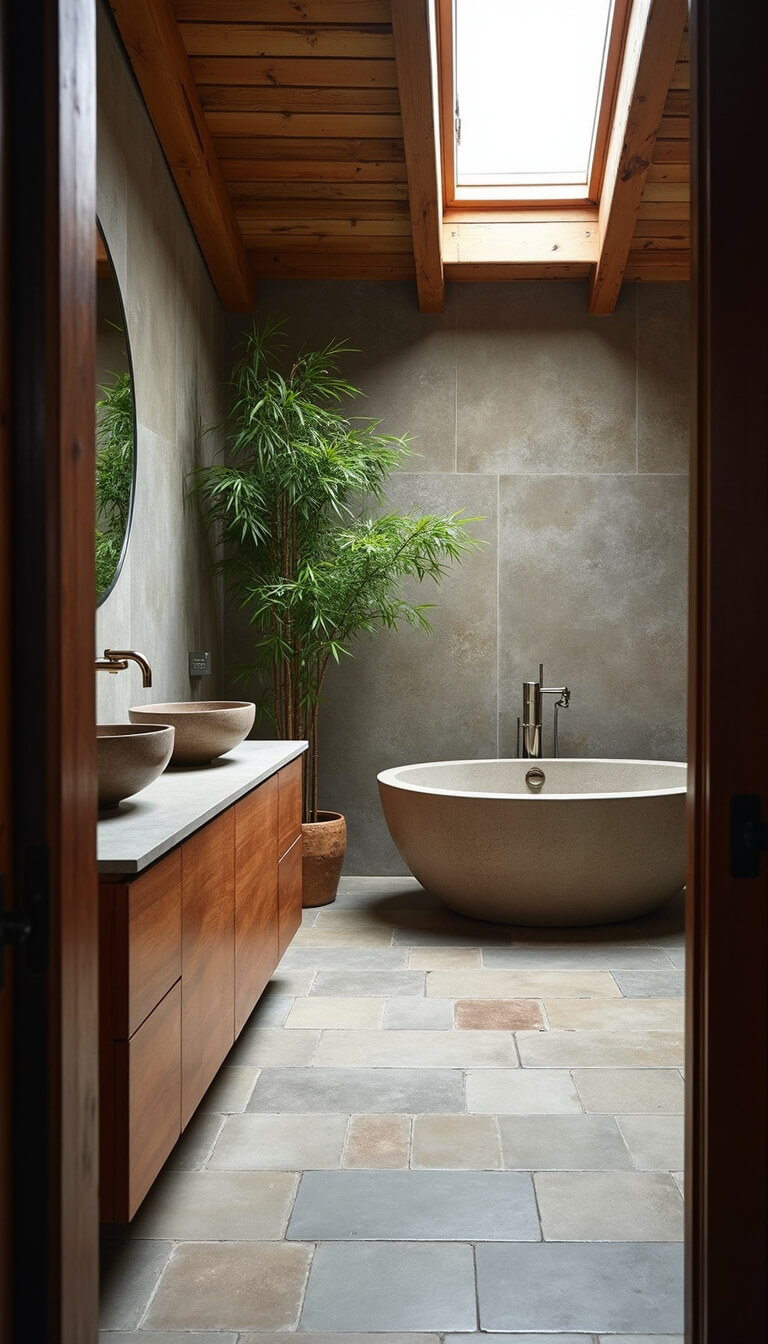 Wide-angle view of a 12x15ft master bathroom with slate floors, stone soaking tub under skylight, aged walnut vanity with mismatched ceramic sinks, exposed ceiling beams, and potted bamboo casting shadows.
