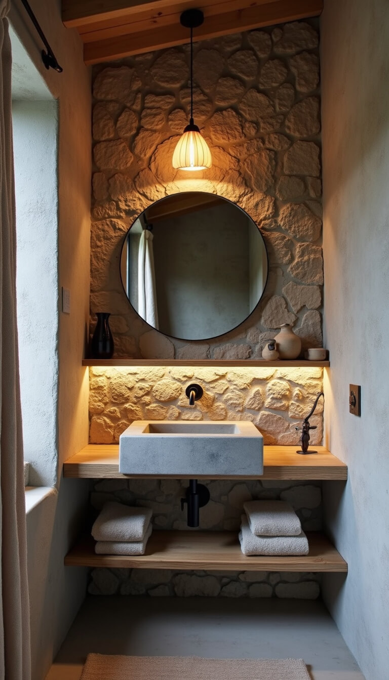 Overhead view of a cozy 9x11ft bathroom at blue hour with stone accent wall, concrete sink, reclaimed wood shelves holding ceramic vessels, paper pendant lamp, and hemp shower curtain.